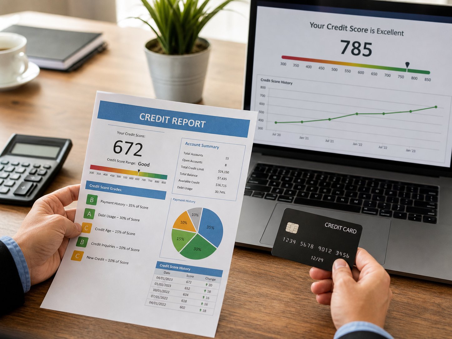 Advisor reviewing a credit report and credit card