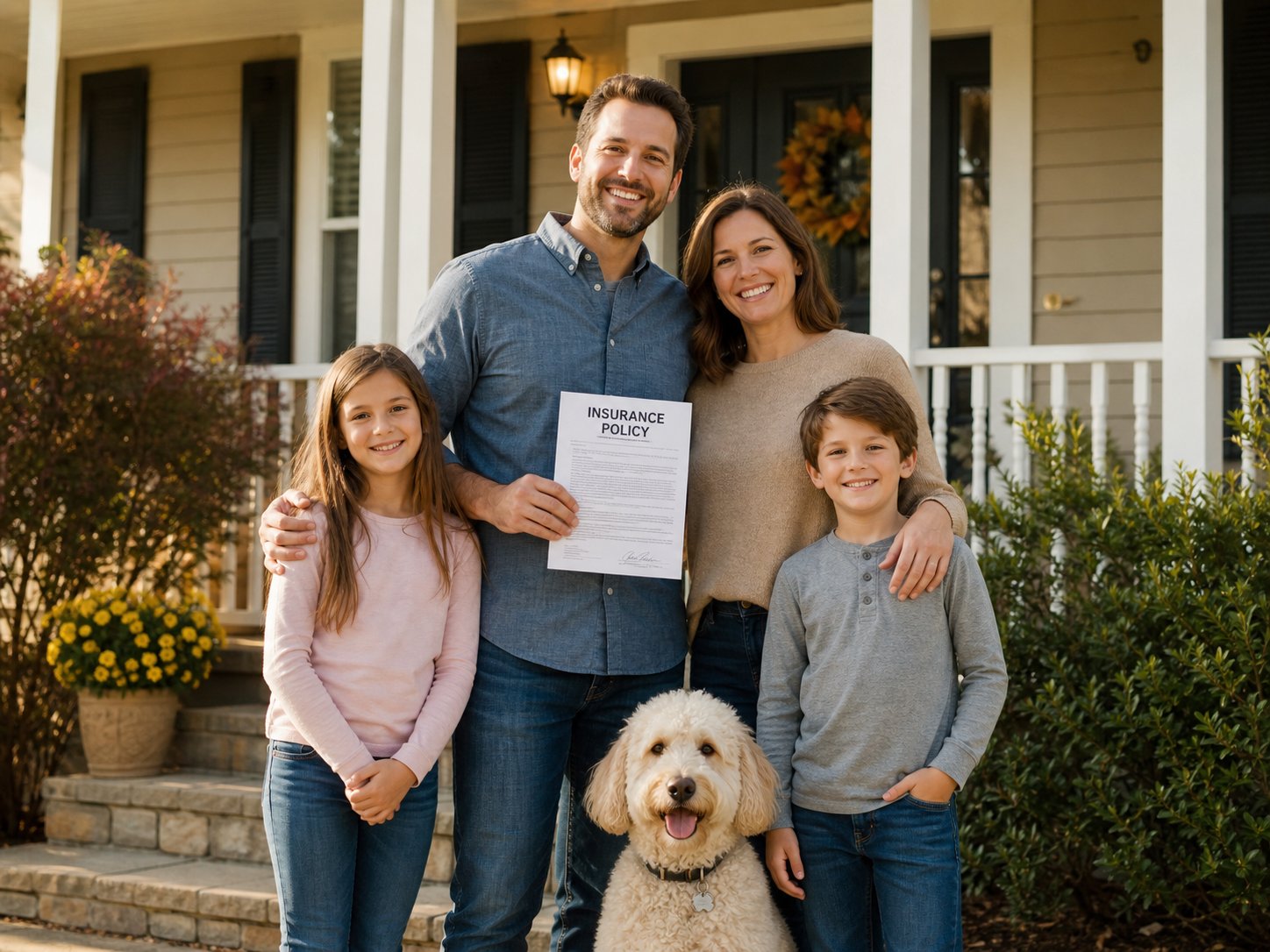 Family with a pet on the porch of their insured home