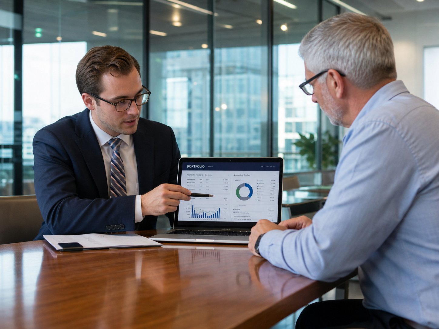 Wealth planner reviewing an investment portfolio with a client